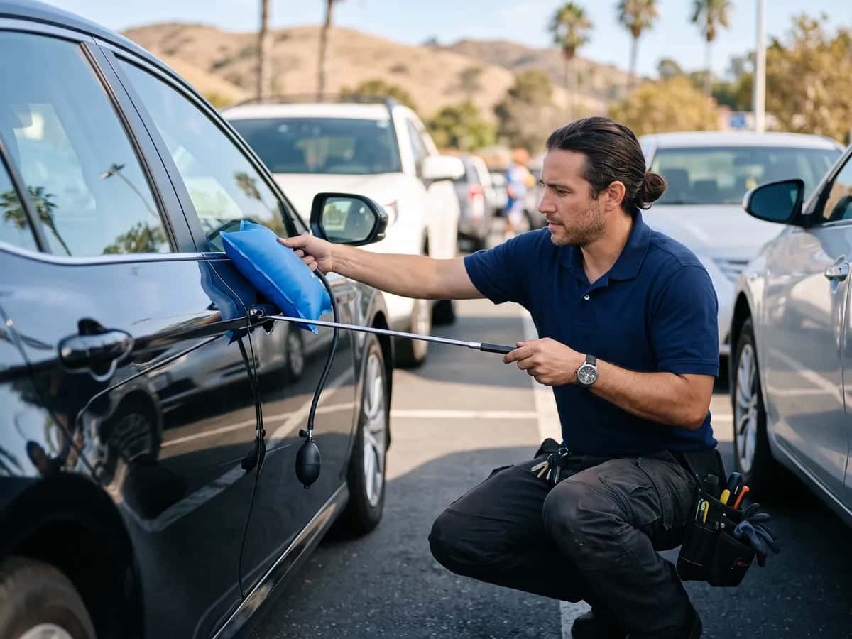 Locksmith unlocking a car door with an air wedge and reach tool