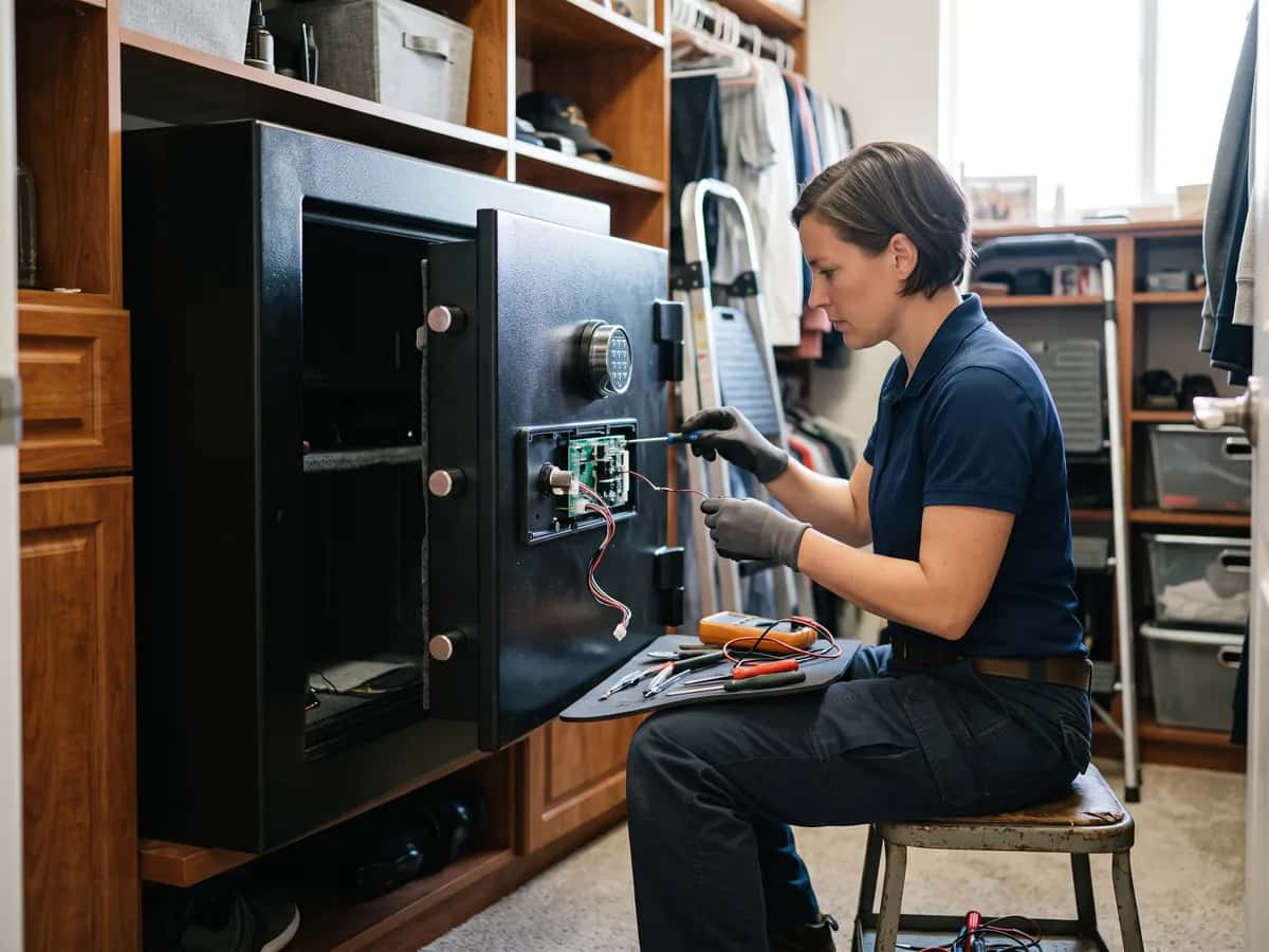 Safe locksmith working on a safe's keypad lock